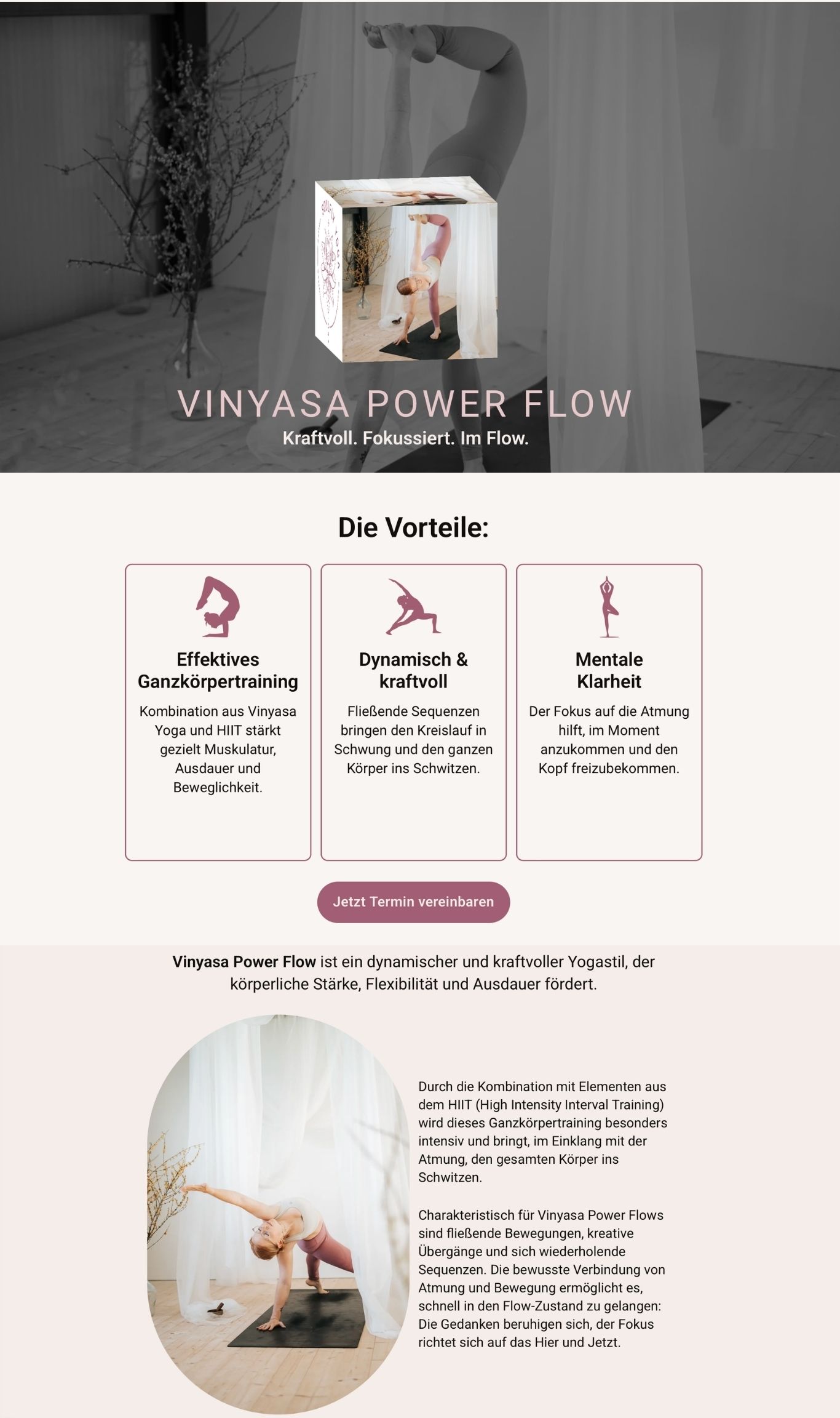 Angebotsseite Vinyasa Power Flow mit Vorteilen-Übersicht und Elisabeth Schmidl in dynamischer Yogapose