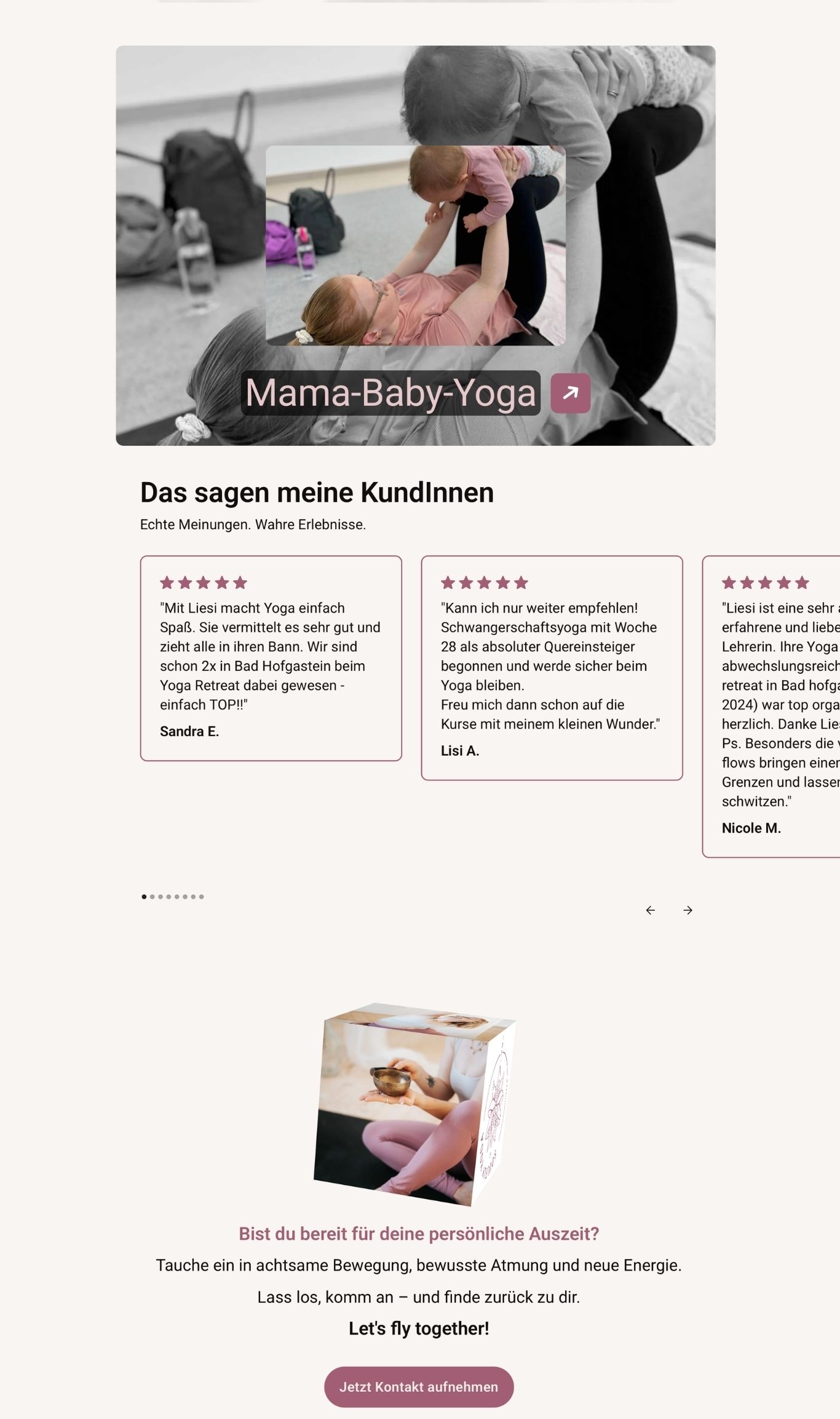 Mama-Baby-Yoga-Kachel und Kund:innen-Testimonials mit 5-Sterne-Bewertungen zu Soulfly Yoga