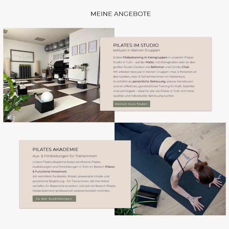 Zwei Fotos aus Pilates-Studio und Trainingssession, Angebotsübersicht zu Studio-Kursen und Trainerinnen-Akademie