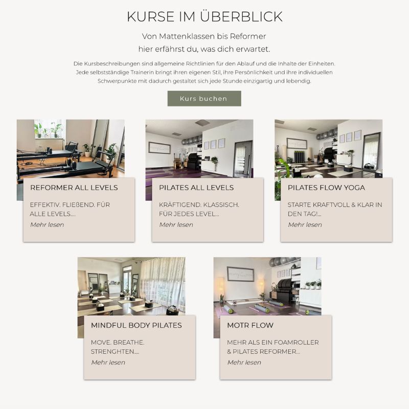 Drei Studioaufnahmen mit Trainingsmatten, Übersicht der Kursarten von Reformer bis Mindful Body Pilates