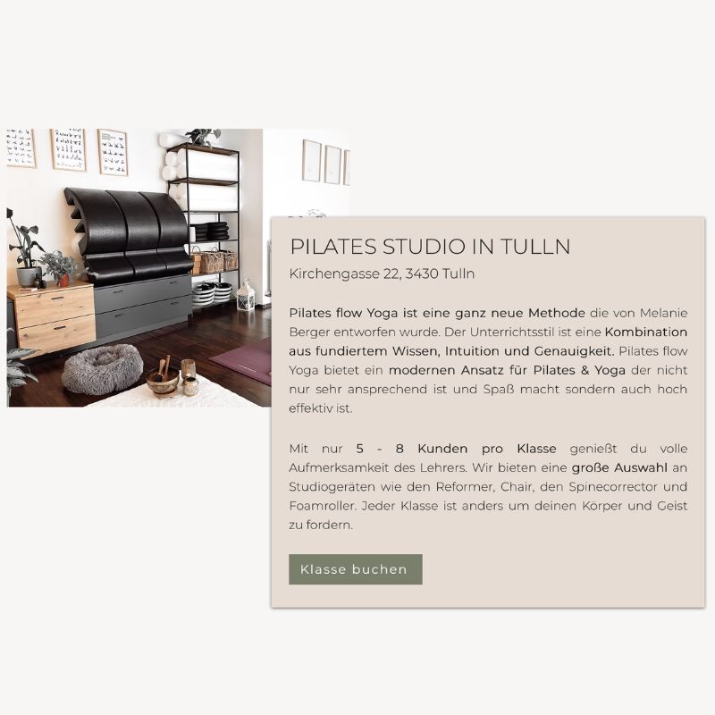 Trainingsraum mit schwarzer Ausstattung und Pflanzen neben Beschreibungstext zur Pilates-flow-Yoga-Methode