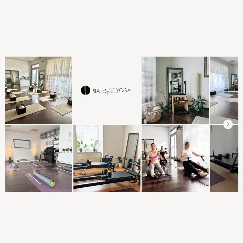 Sechs Fotos des Pilates-Studios mit Trainingsgeräten und trainierenden Personen in hellen Räumen