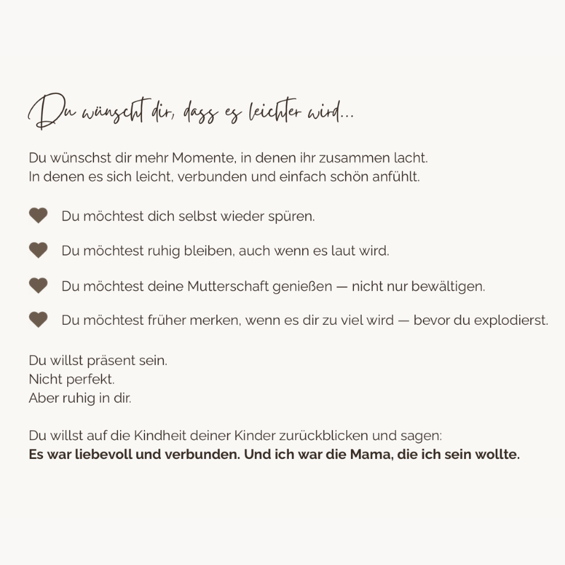 Textgrafik mit Herz-Symbolen zu Wünschen feinfühliger Mamas nach mehr Ruhe und Verbindung im Alltag