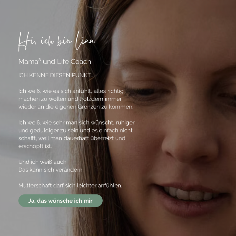 Linn blickt nachdenklich lächelnd zur Seite, persönliche Vorstellung als Mama und Life Coach