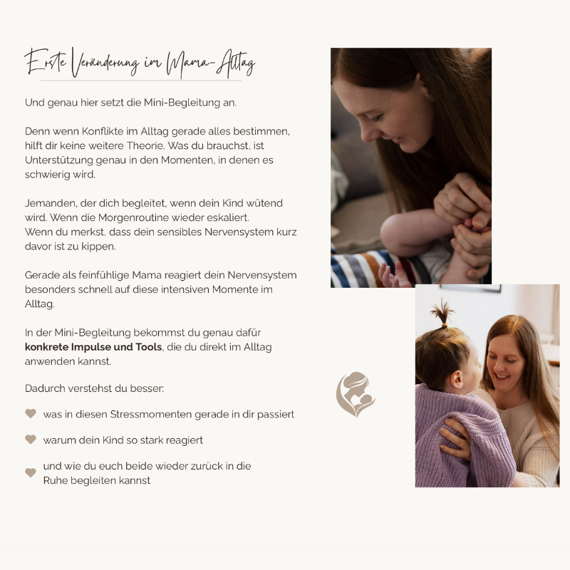 Veränderung im Mama-Alltag" Zwei Fotos von Mutter-Kind-Momenten neben Erklärtext zur Mini-Begleitung bei akuten Stressmomenten