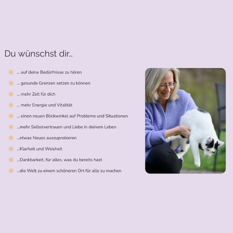 Sonja Liebhaber hält lächelnd eine schwarz-weiße Katze im Garten, daneben eine Liste typischer Wünsche wie mehr Ruhe und Selbstvertrauen