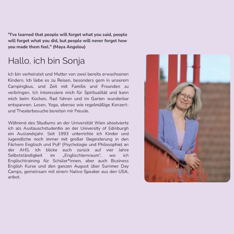 Sonja Liebhaber lehnt lächelnd an rotem Geländer, persönliche Vorstellung 