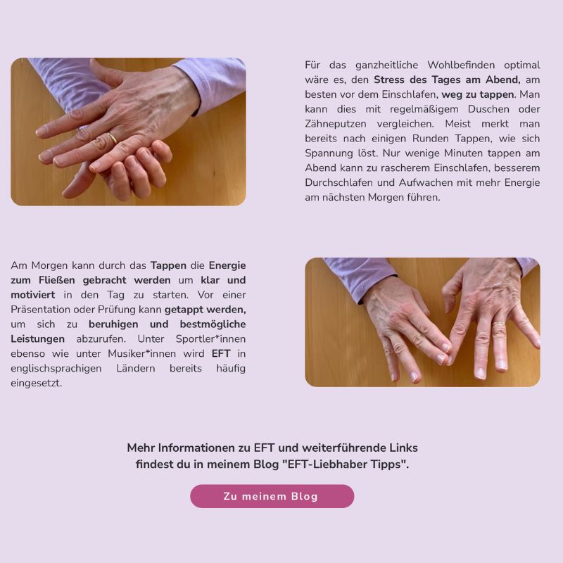 Zwei Detailaufnahmen tappender Hände auf Holztisch, Anleitung für morgendliches und abendliches Tapping mit EFT
