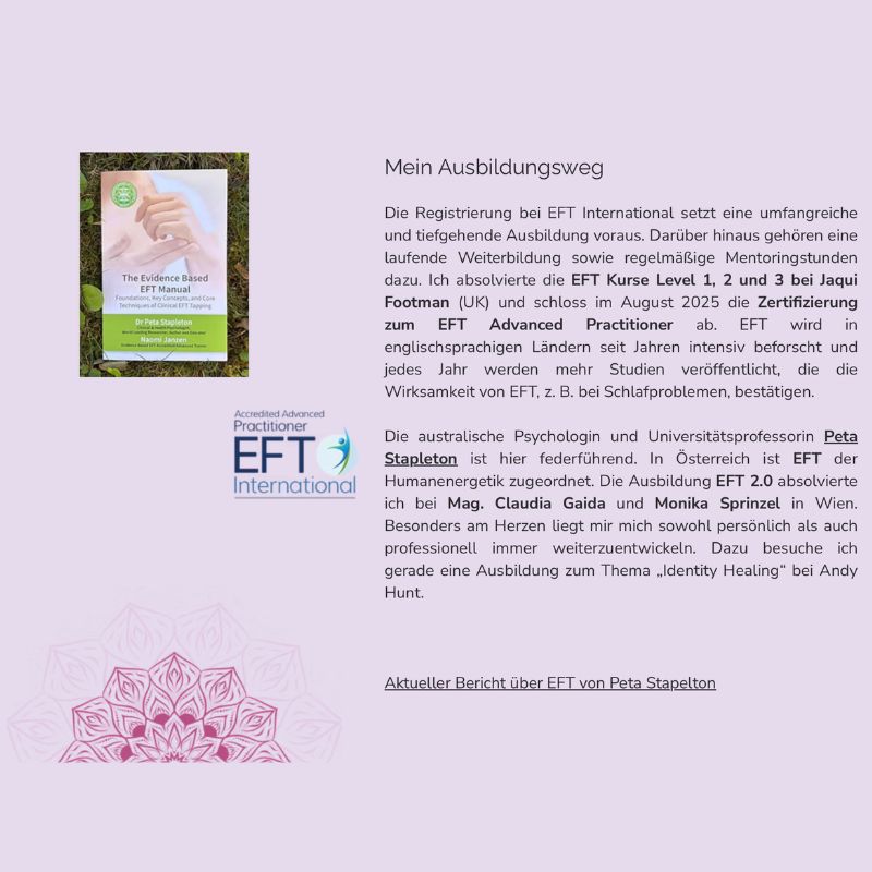 Fachbuch zu EFT-Tapping-Techniken neben dem Logo von EFT International, Beschreibung von Sonja Liebhabers Ausbildungsweg