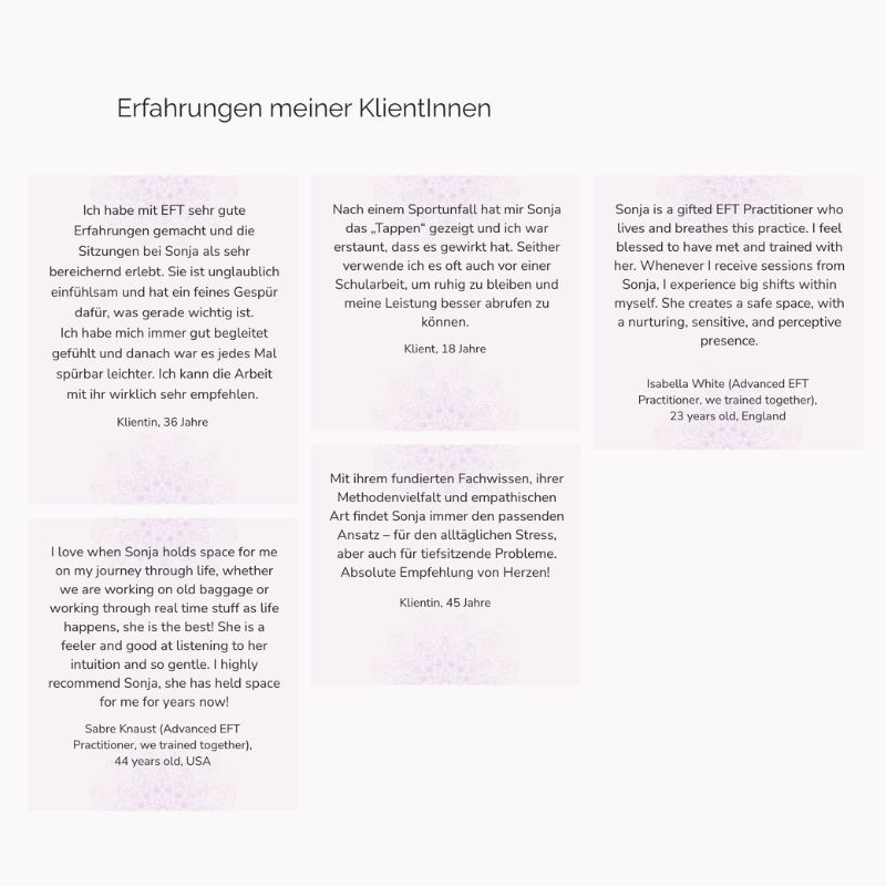 Vier Textkarten mit Erfahrungsberichten von Klientinnen und internationalen EFT-Kolleginnen zu Sonja Liebhabers Arbeit