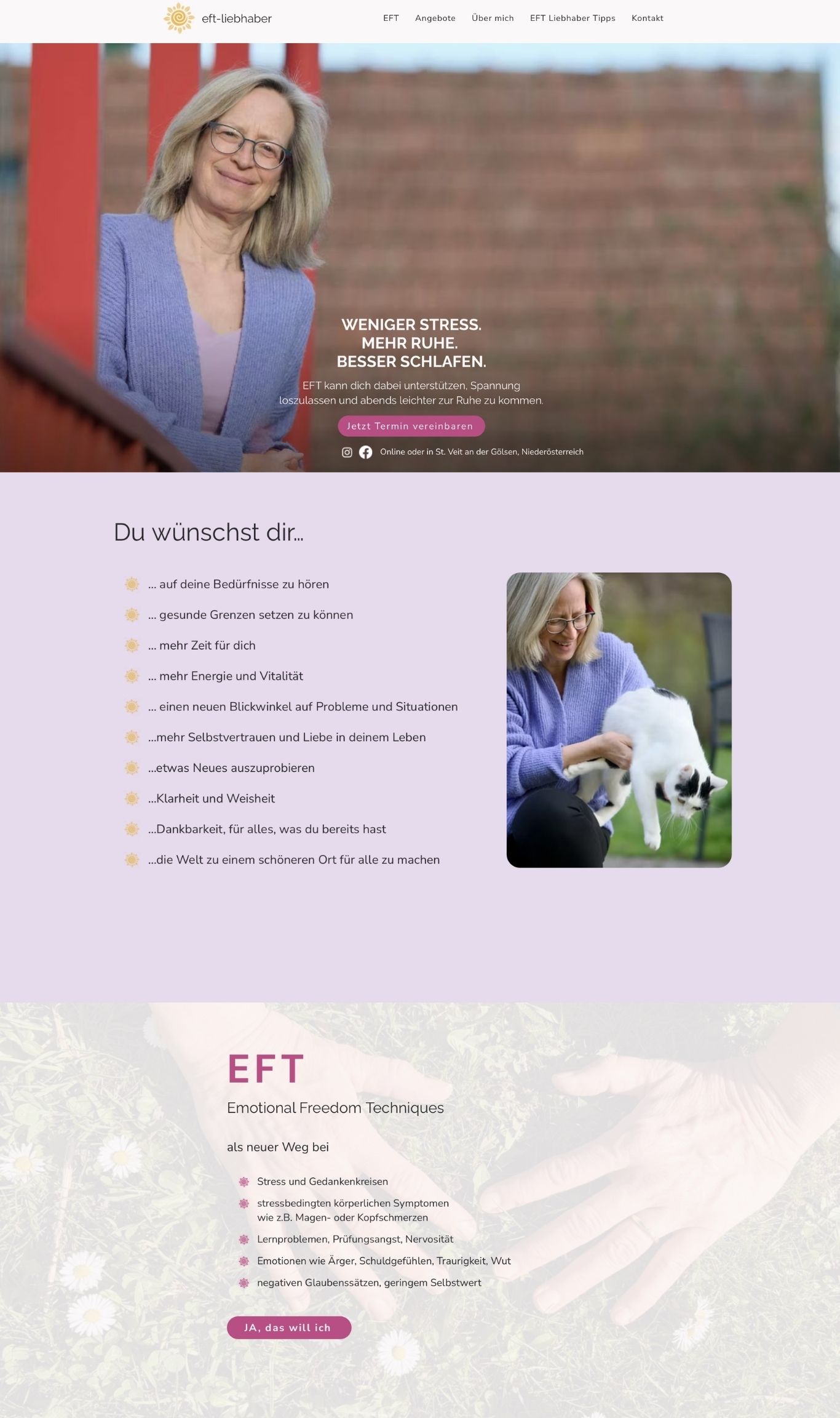 Startseiten-Ansicht von eft-liebhaber.at mit Hero-Bereich "Weniger Stress. Mehr Ruhe. Besser schlafen." und Wunschliste-Sektion