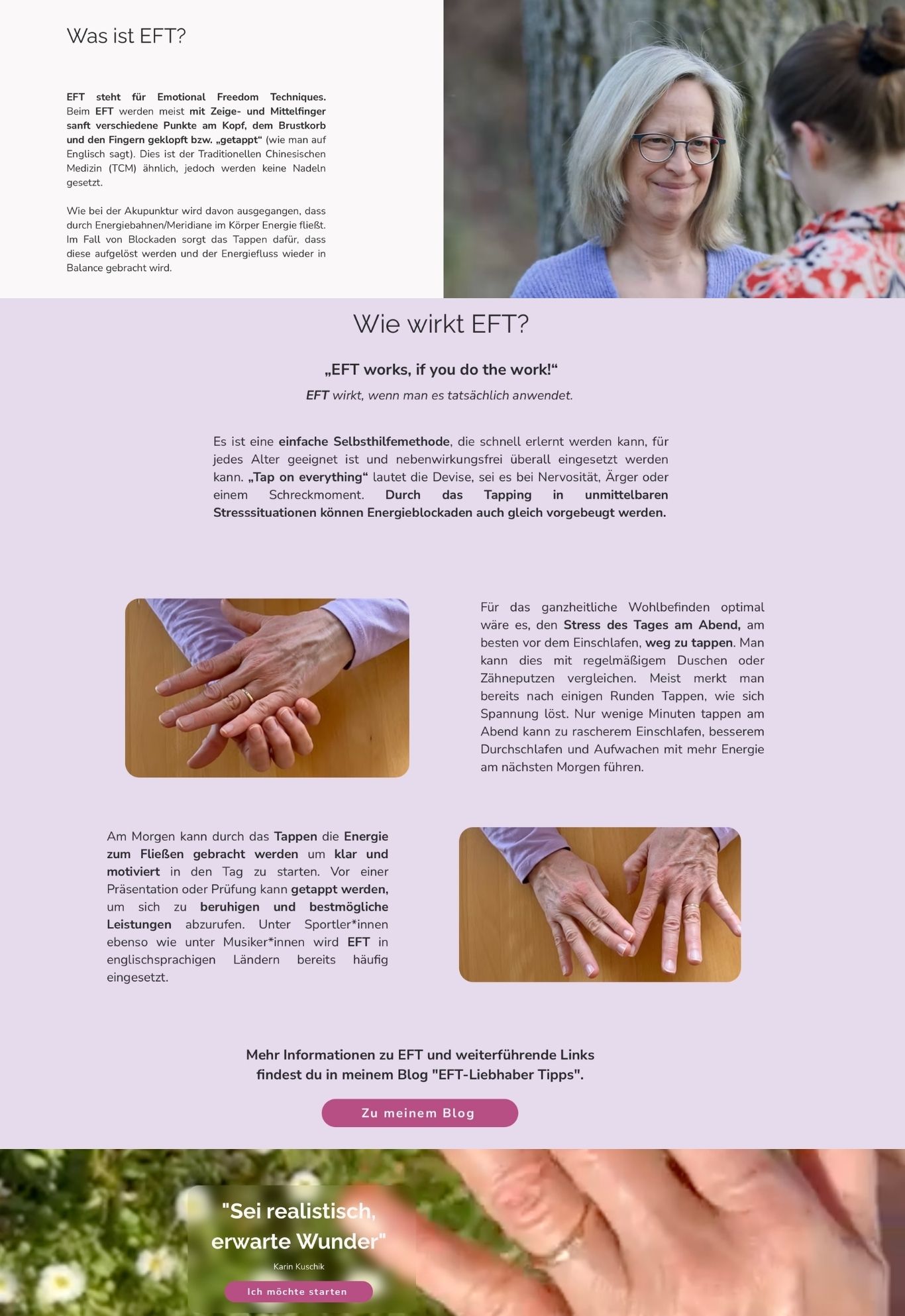 Seitenansicht der EFT-Website mit Erklärung "Was ist EFT?", Tapping-Anleitung und motivierendem Abschluss-Zitat