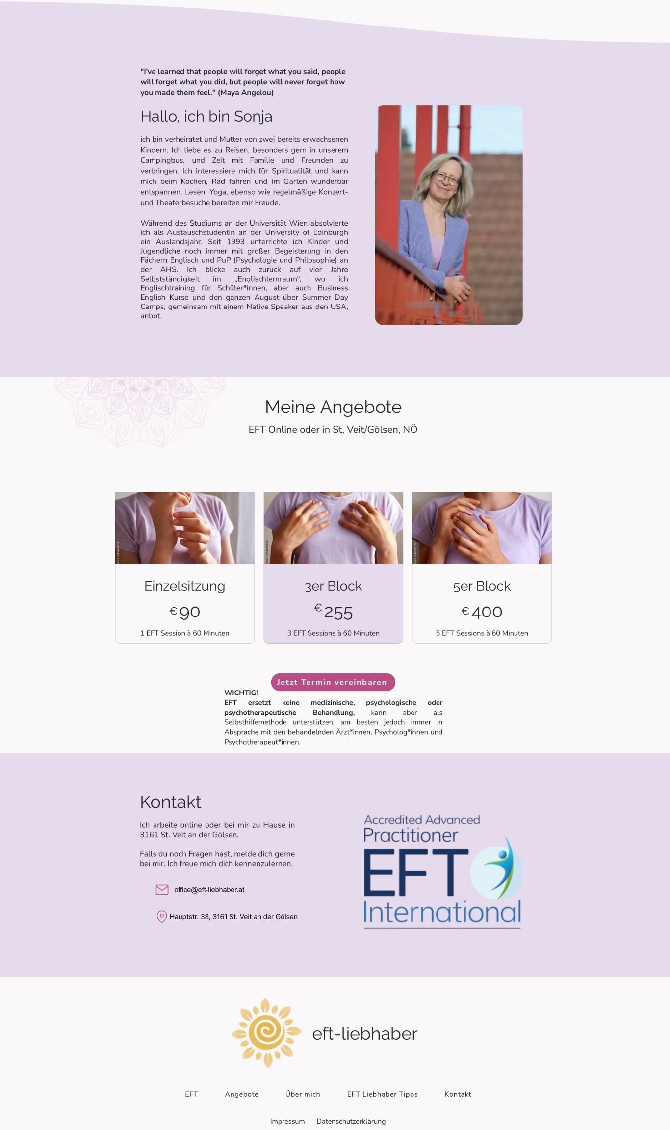 Seitenansicht der EFT-Website mit Vorstellung von Sonja Liebhaber, Preistabelle und Kontaktbereich mit EFT-International-Zertifikat