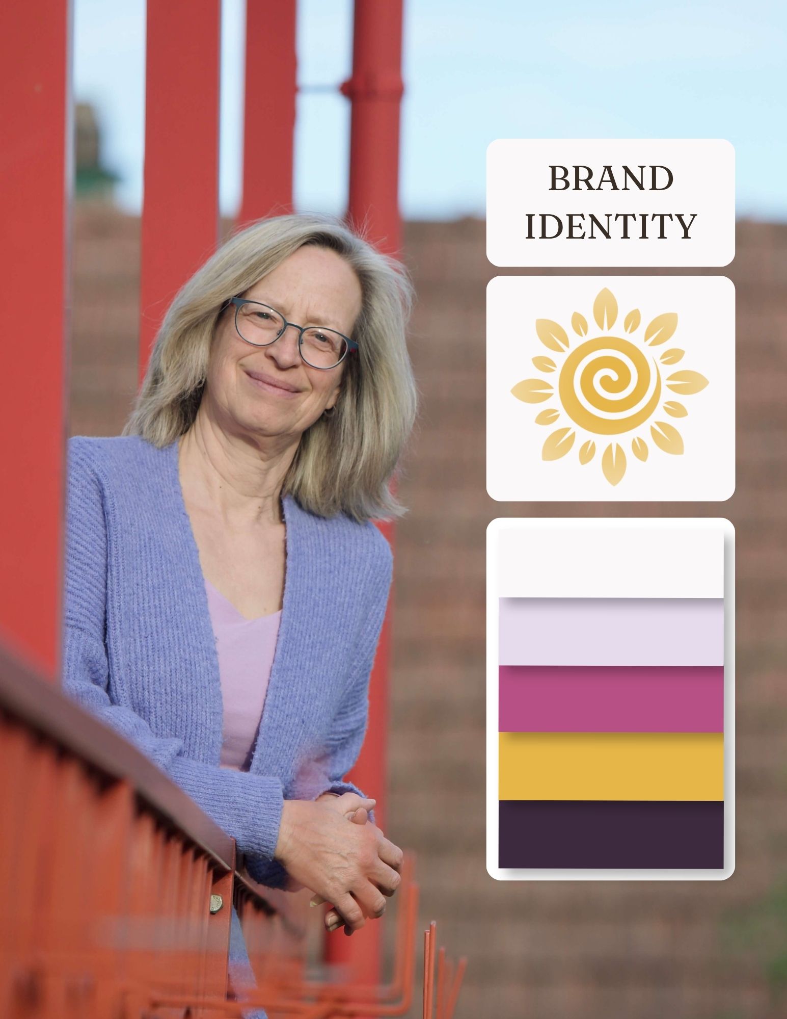 Sonja Liebhaber lehnt an rotem Geländer, daneben Brand-Identity-Board mit Sonnen-Logo und lila-goldener Farbpalette