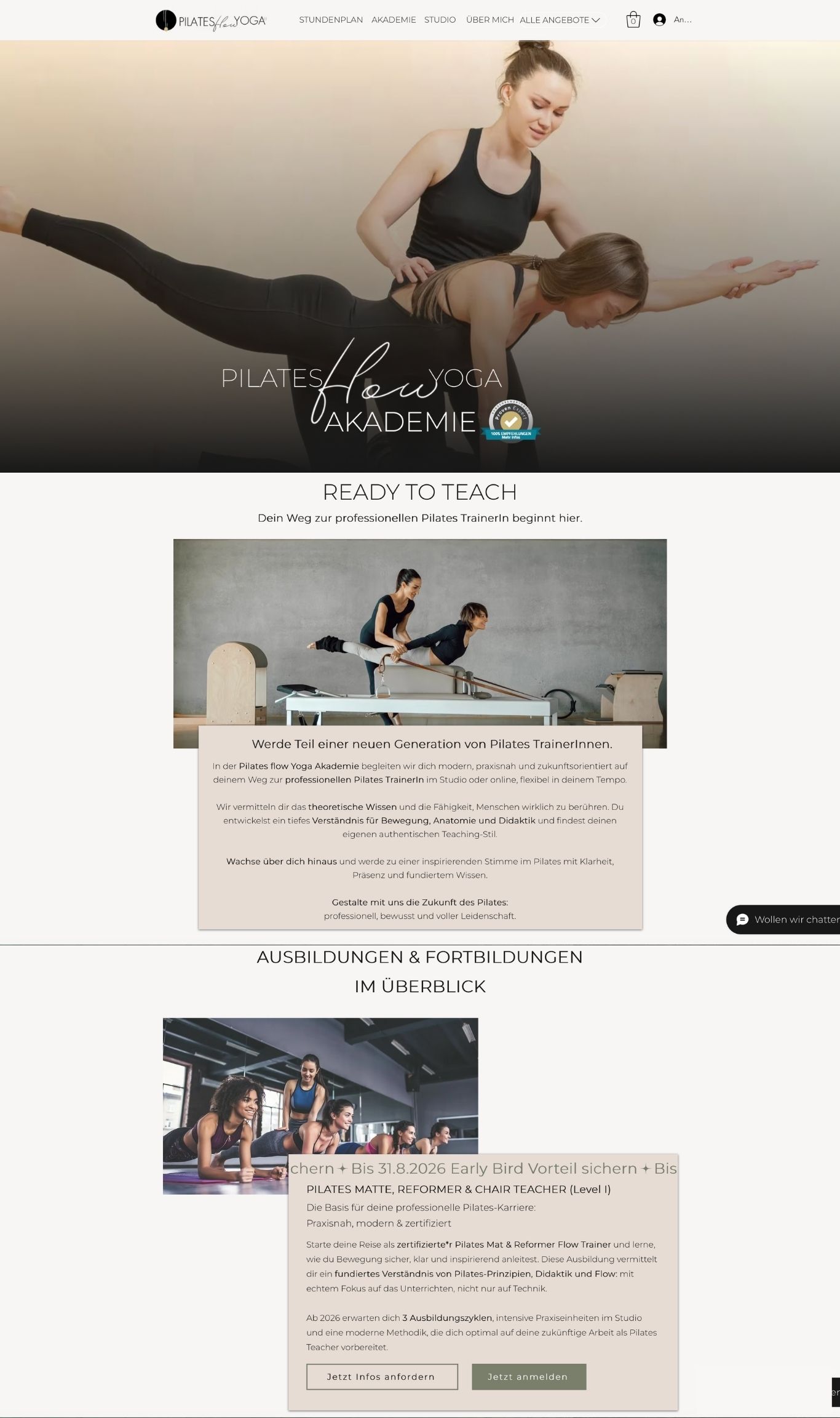Seitenansicht der Pilates flow Yoga Akademie mit Ausbildungsübersicht und Beschreibung zur Trainerinnen-Ausbildung