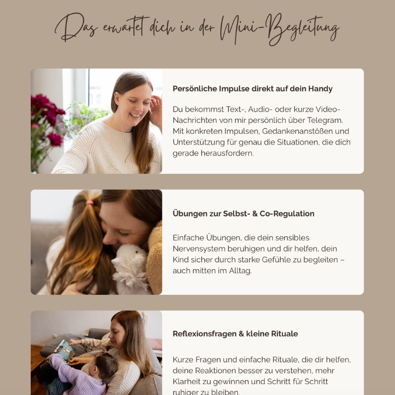 Drei Fotos von Mutter-Kind-Momenten neben Beschreibungen zu persönlichen Impulsen, Übungen und Reflexionsfragen