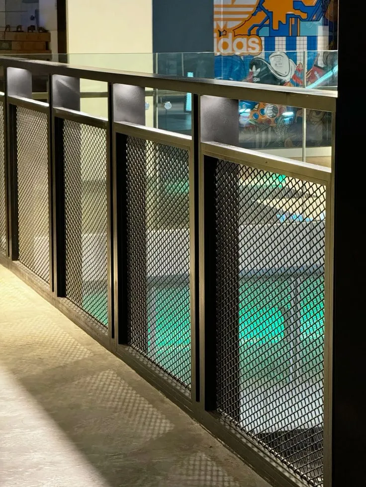 Perforated steel panels for balustrade in shopping center