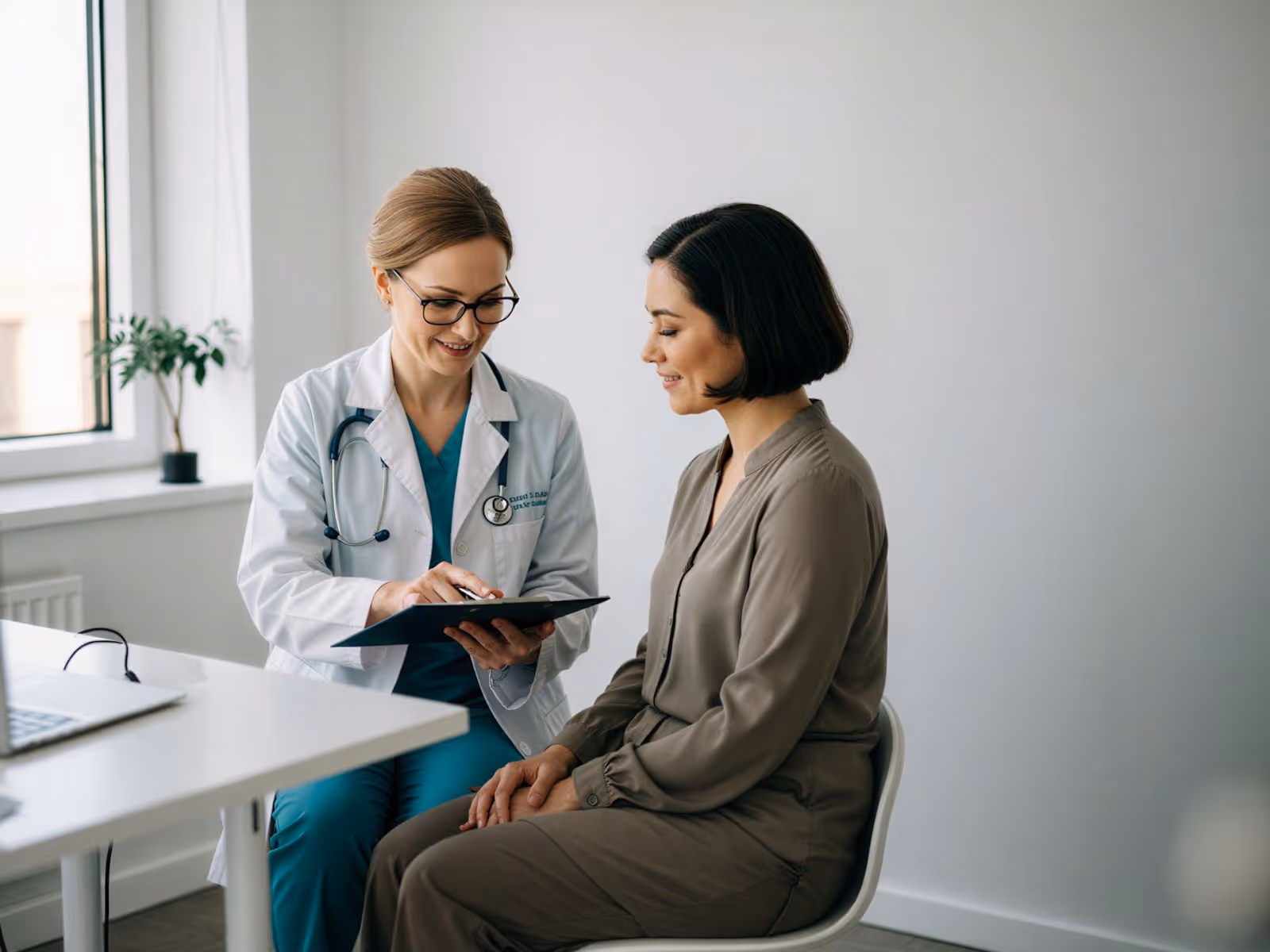 Female doctor showing information on clipboard to a seated female patient in a bright medical office.