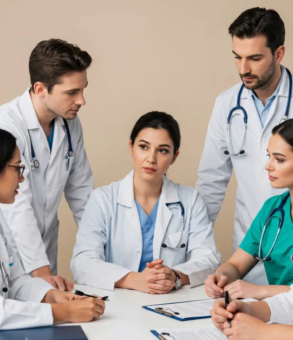 Group of five medical professionals discussing patient charts around a table.