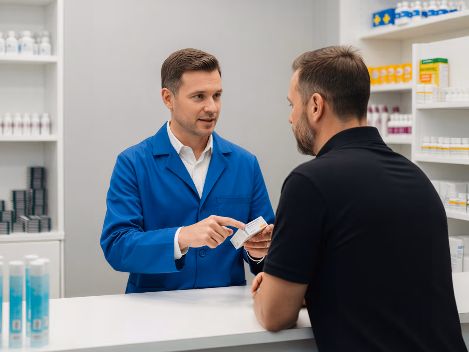 Pharmacist in blue coat explaining medication details to a male customer at the pharmacy counter.
