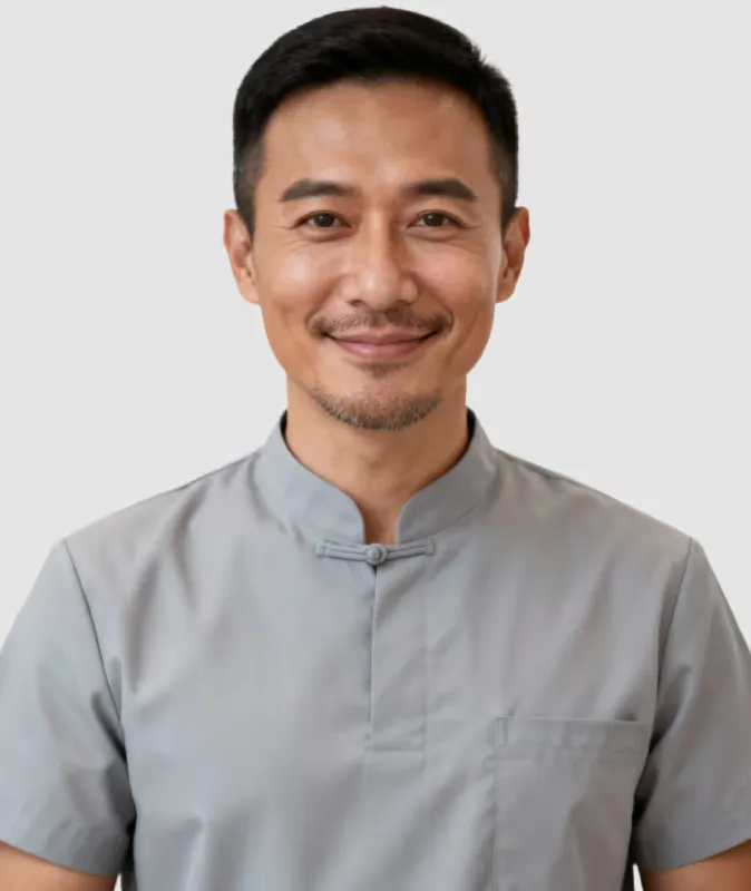 Smiling man with short hair and light beard wearing a gray medical scrub top.