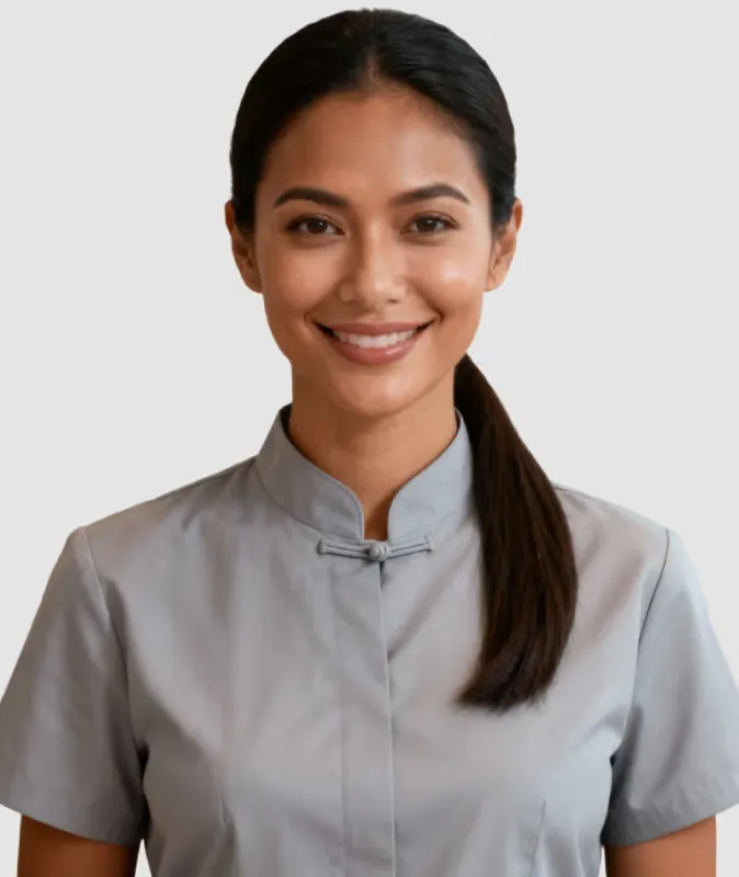 Smiling woman with long dark hair in a gray buttoned-up uniform top against a plain background.