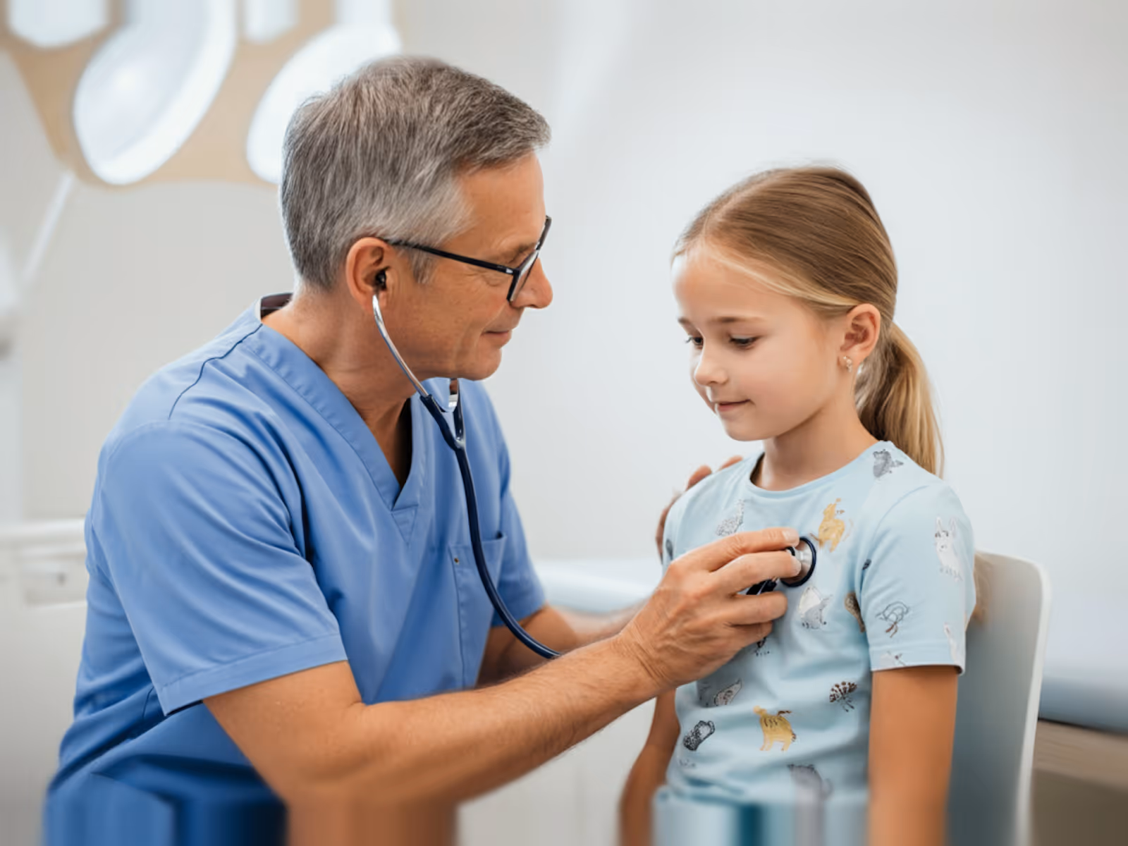 Doctor in blue scrubs uses a stethoscope to check a young girl's heartbeat.