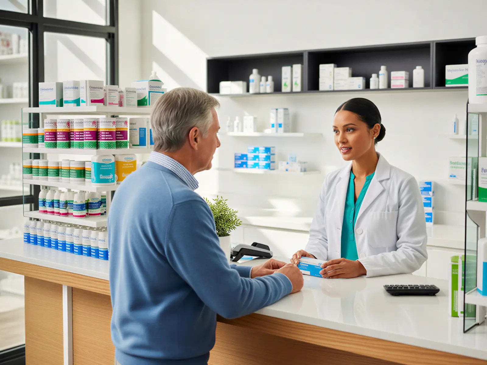 Pharmacist helping a customer at the counter