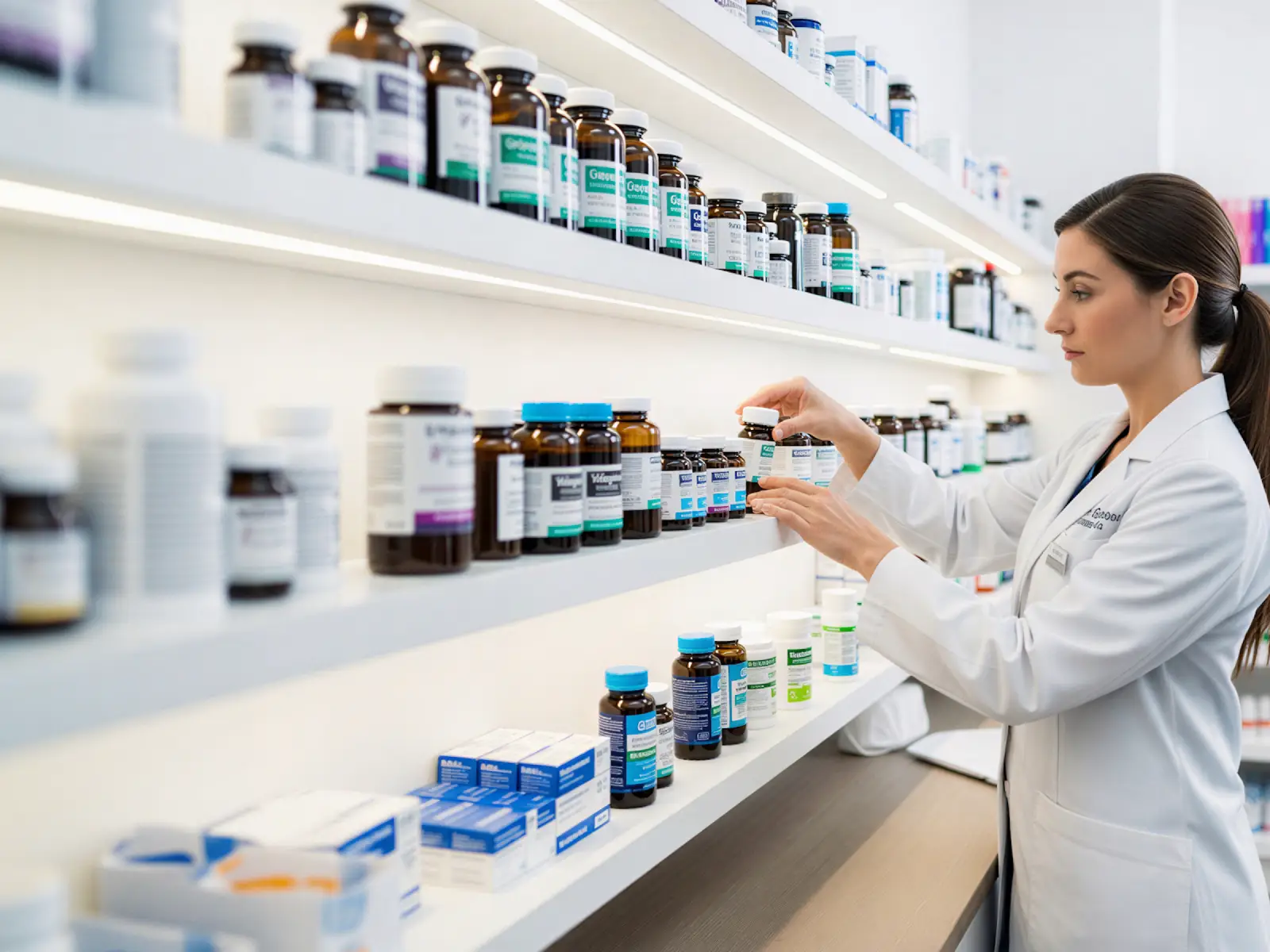 Pharmacist organizing medication on a shelf