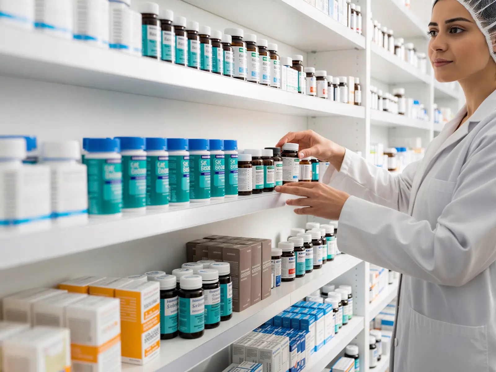 Neatly arranged pharmacy shelves