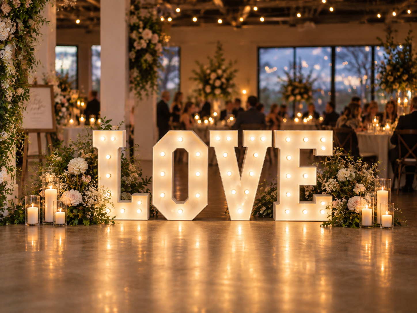 Beleuchtete LOVE-Buchstaben als Dekoration bei einer Hochzeit