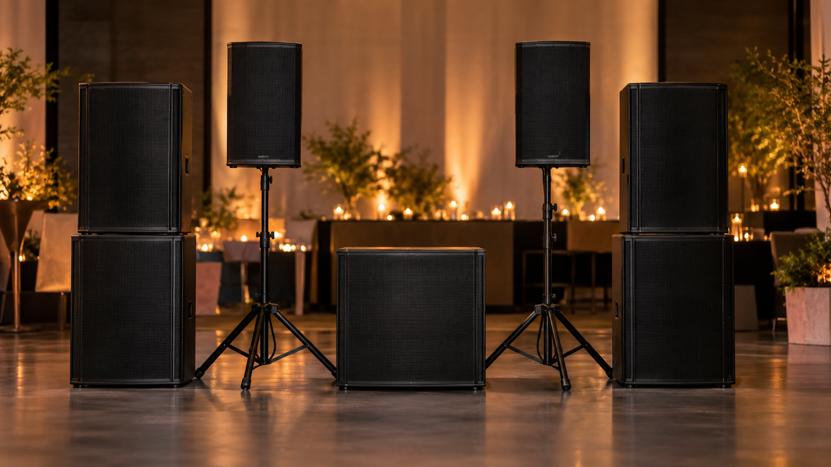 Mehrere schwarze Lautsprecher und Subwoofer für Veranstaltungen in einem modern beleuchteten Eventraum.