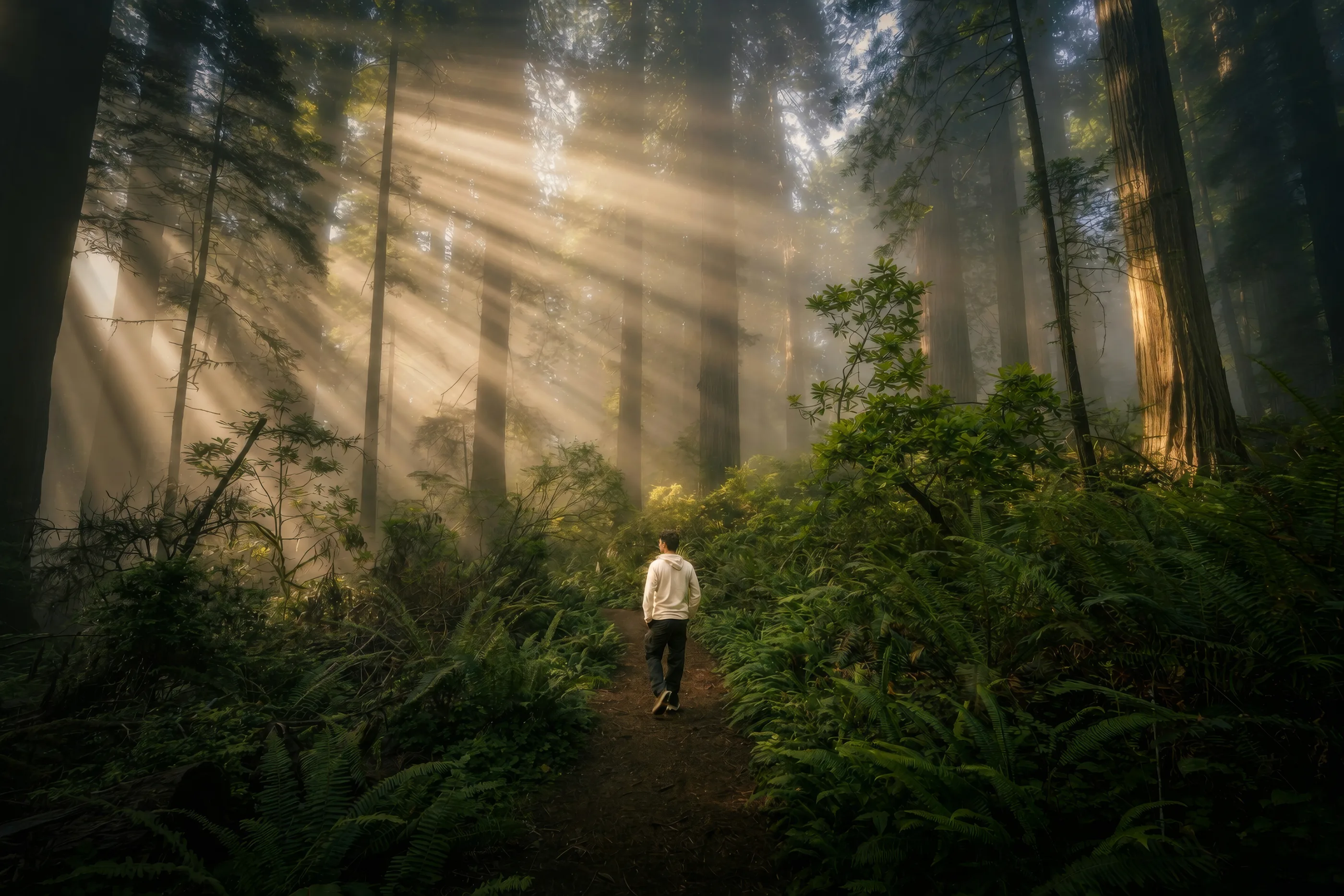A walker on a forest trail in early morning light