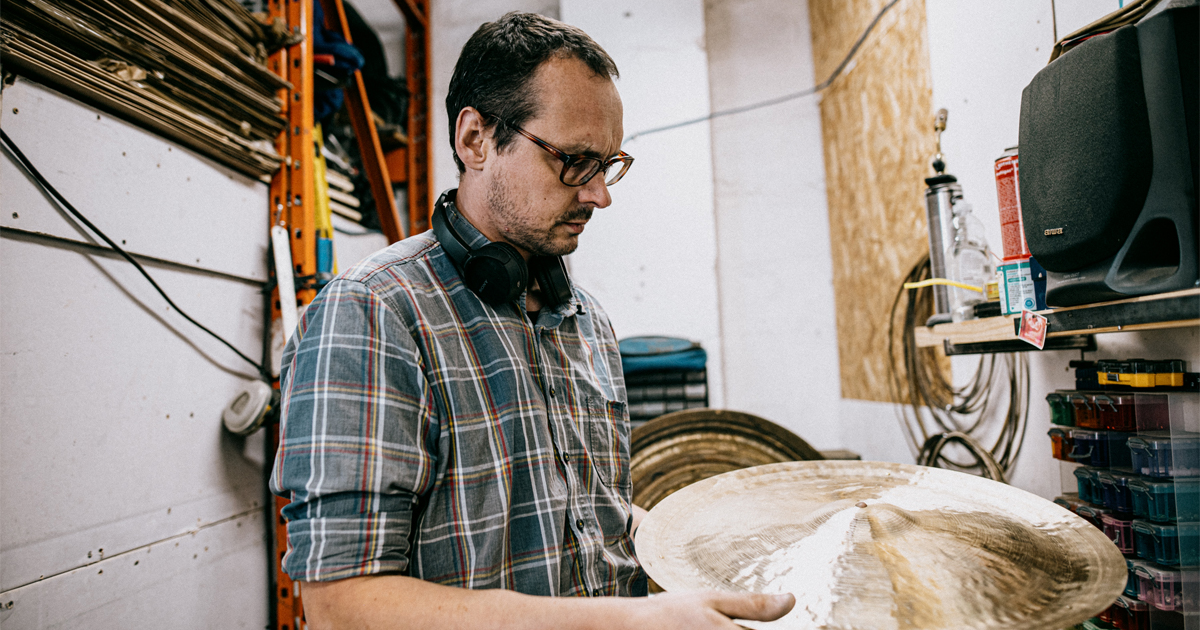 Dave Collingwood, cymbalsmith, in his Bristol workshop