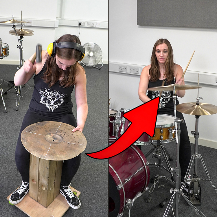 Participant hammering a cymbal and then playing it on a drum kit during a Make Your Own Cymbal session in Bristol