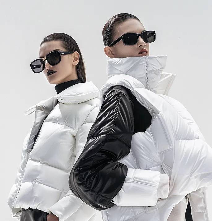 Two women wearing black sunglasses and white puffer jackets posing against a plain background.