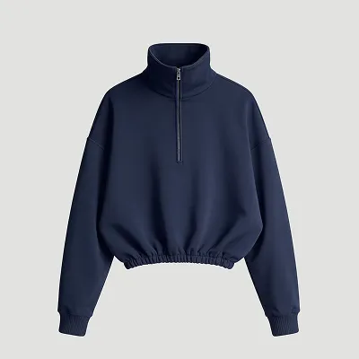 Navy blue long-sleeve pullover with half zipper and elastic waist and cuffs.