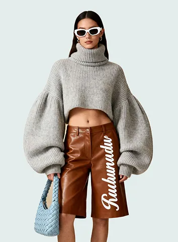 Woman wearing grey cropped turtleneck sweater with large sleeves and brown leather shorts.