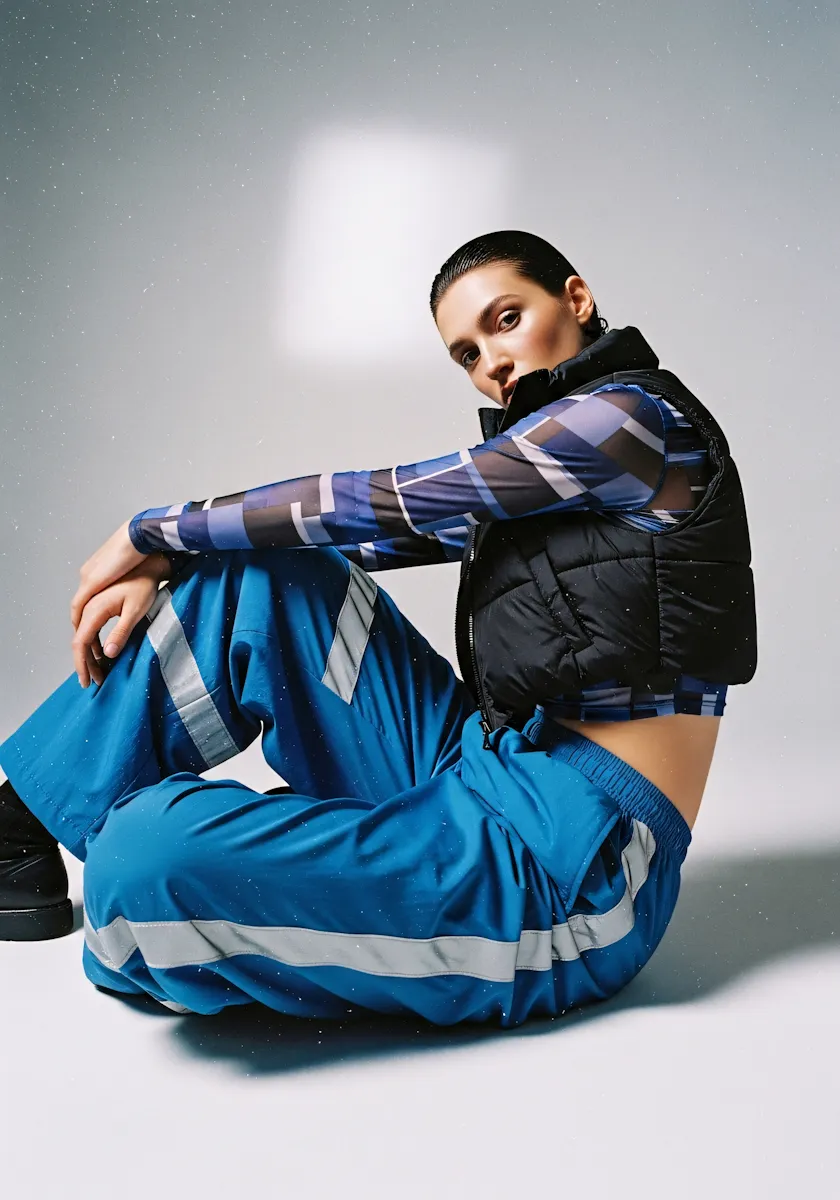 Fashion model sitting on floor wearing blue pants with reflective stripes and black vest.