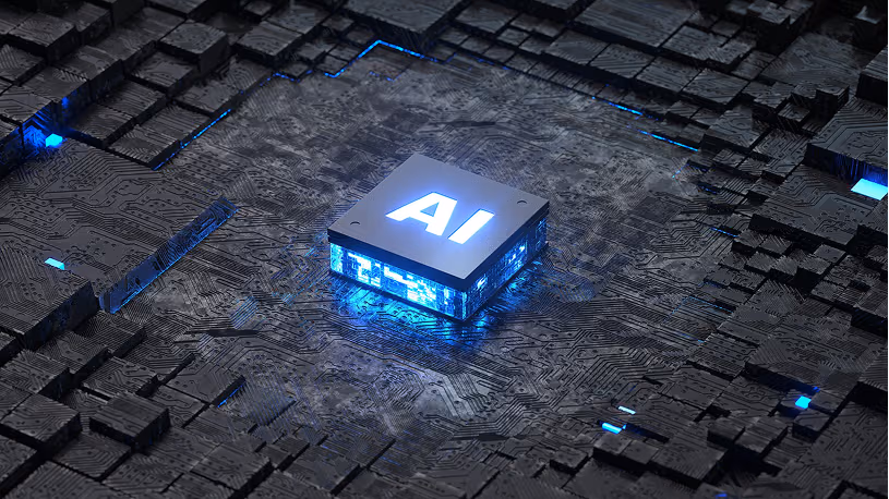 Glowing blue AI chip on a dark circuit board