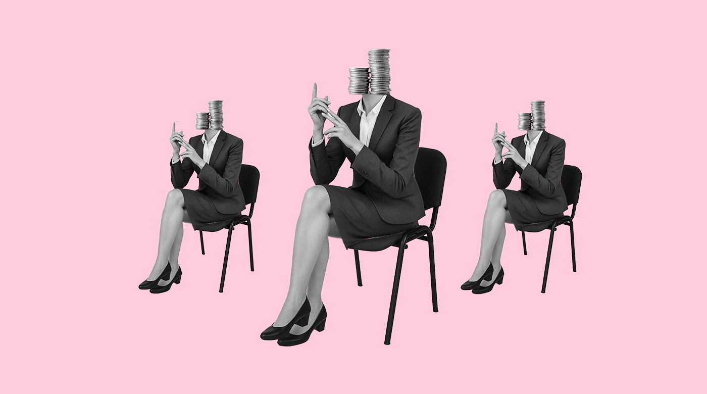 Businesswomen seated with stacks of coins for heads on a pink background