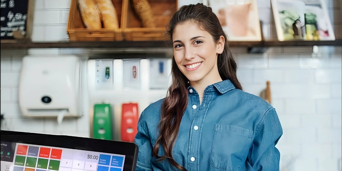Smiling woman in a denim shirt behind a cafe counter with a point-of-sale touchscreen