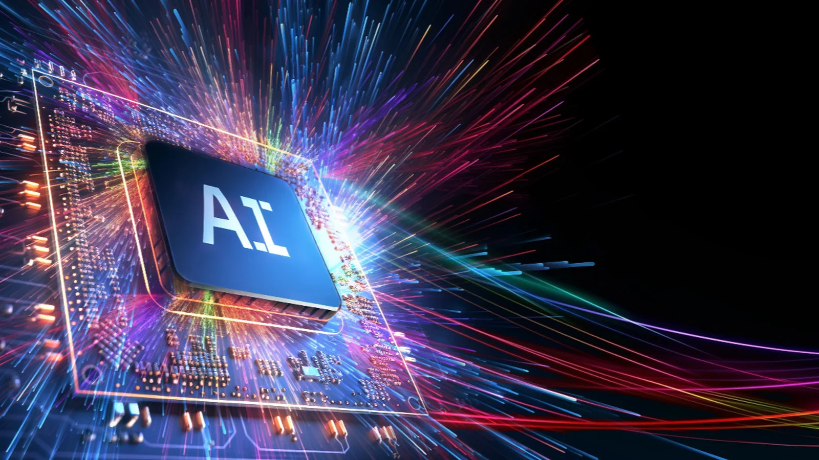 AI microchip on a circuit board with colorful light streaks radiating outward