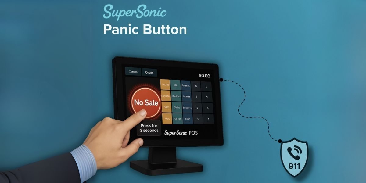 SuperSonic POS Panic Button: hand pressing a screen button linked to a 911 emergency alert