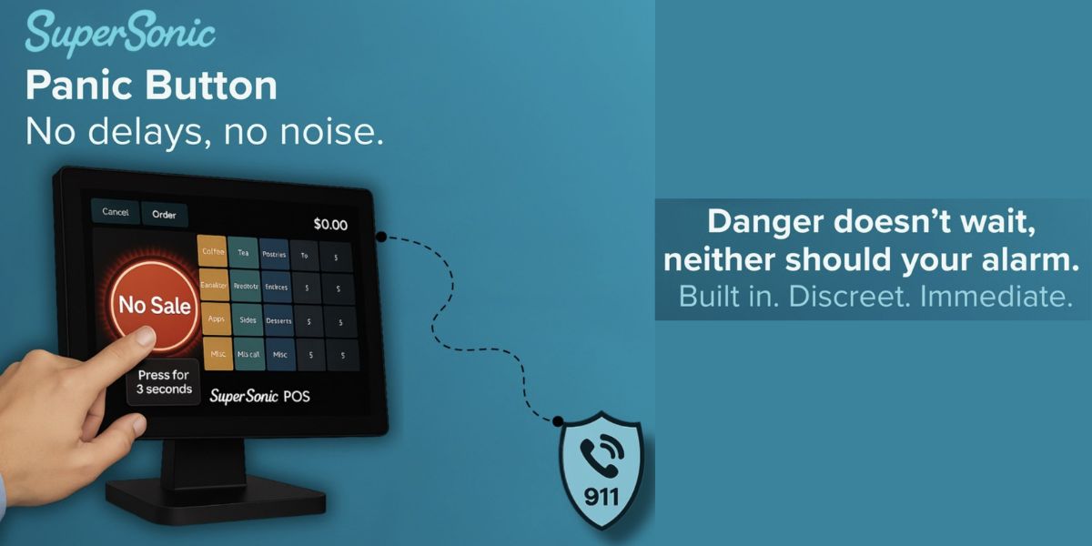 SuperSonic POS Panic Button feature showing a No Sale screen and a 911 alert shield