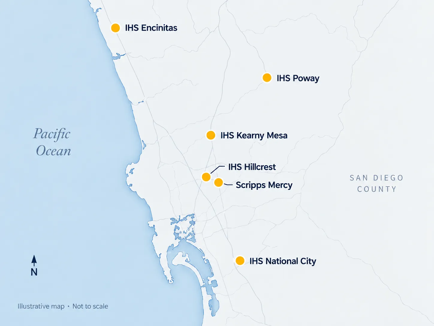 Illustrative San Diego map showing Scripps Mercy Hospital and IHS locations in Encinitas, Poway, Kearny Mesa, Hillcrest, and National City. Not to scale; visit the Locations page for addresses and directions.