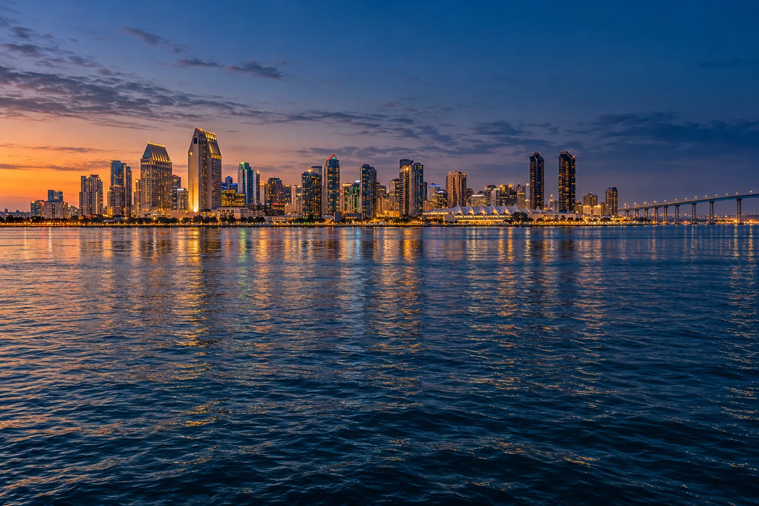 Generated scenic illustration of the San Diego waterfront at blue hour.
