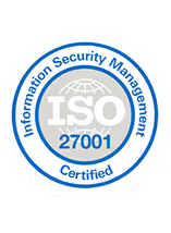 ISO 27001 certified badge with globe and text Information Security Management.