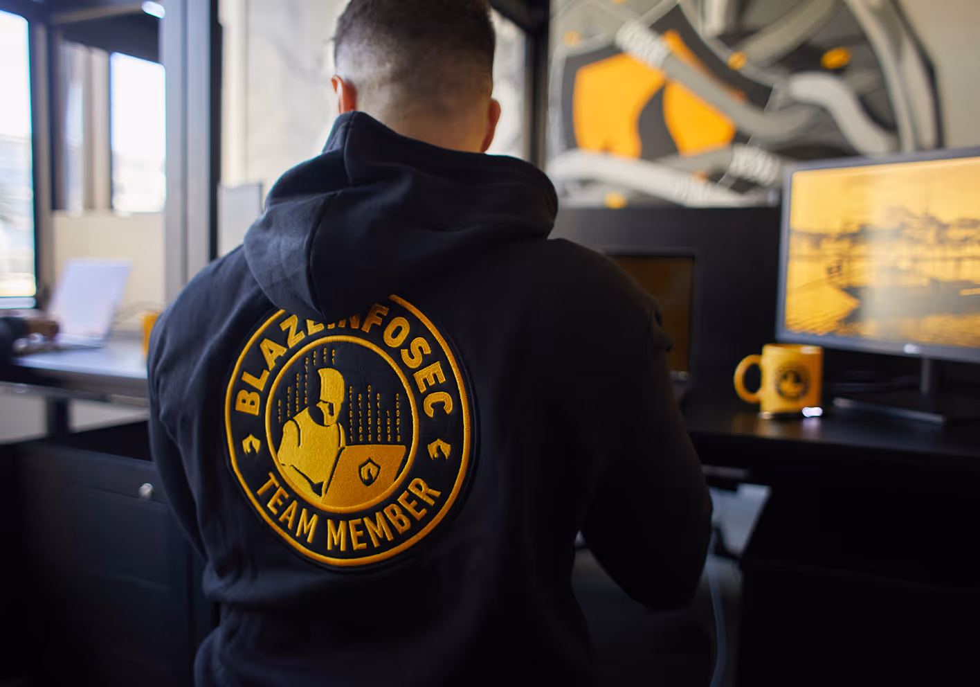 Person wearing black Blazeinfosec team member hoodie working at a desk with a monitor and mug.
