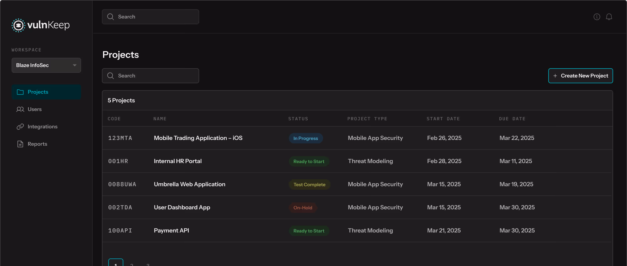 VulnKeep Projects Dashboard